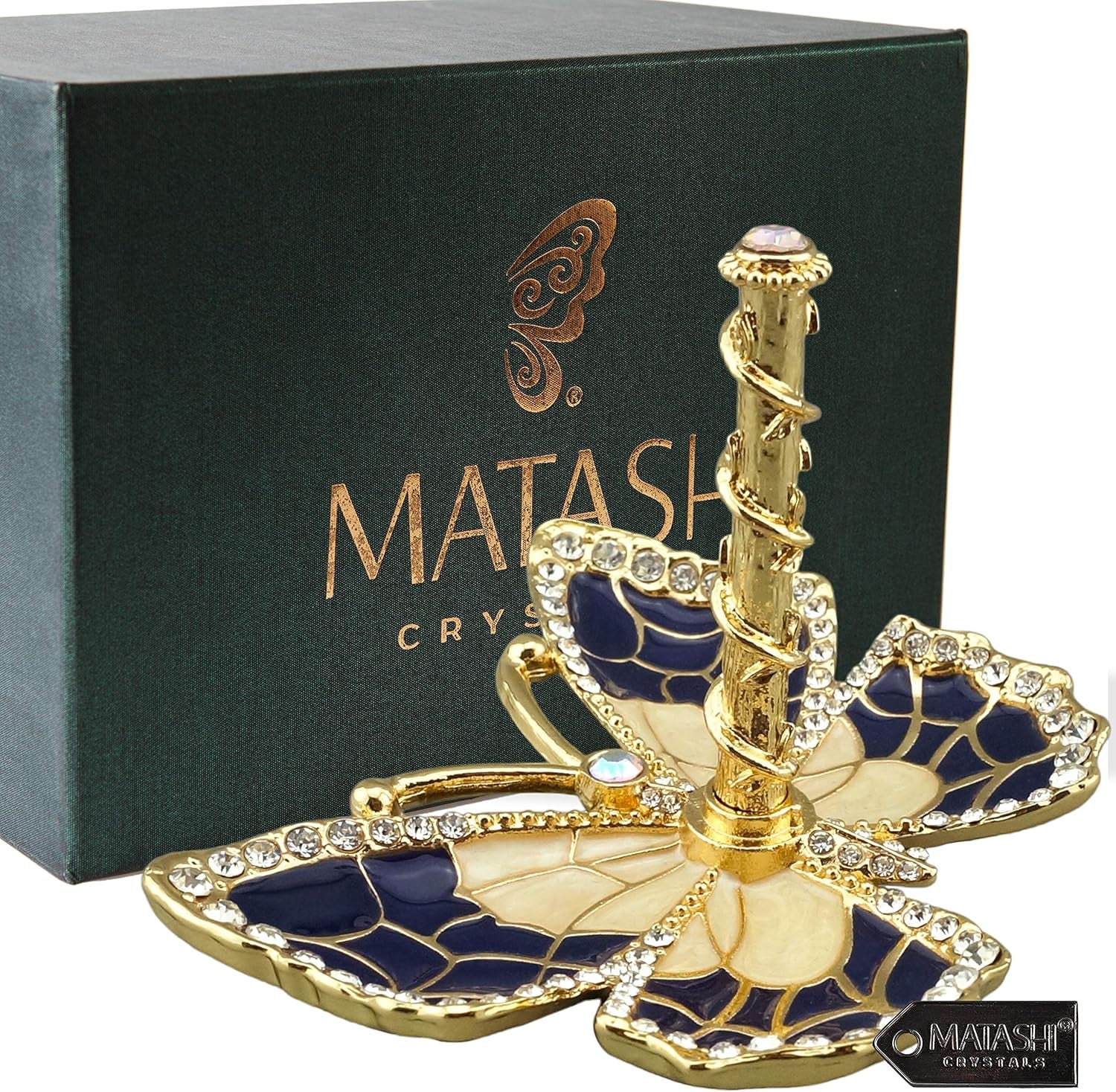 Blue Enamel & Gold Plated Butterfly Jewelry Stand Organizer Ring Holder with Sparkling Crystals
