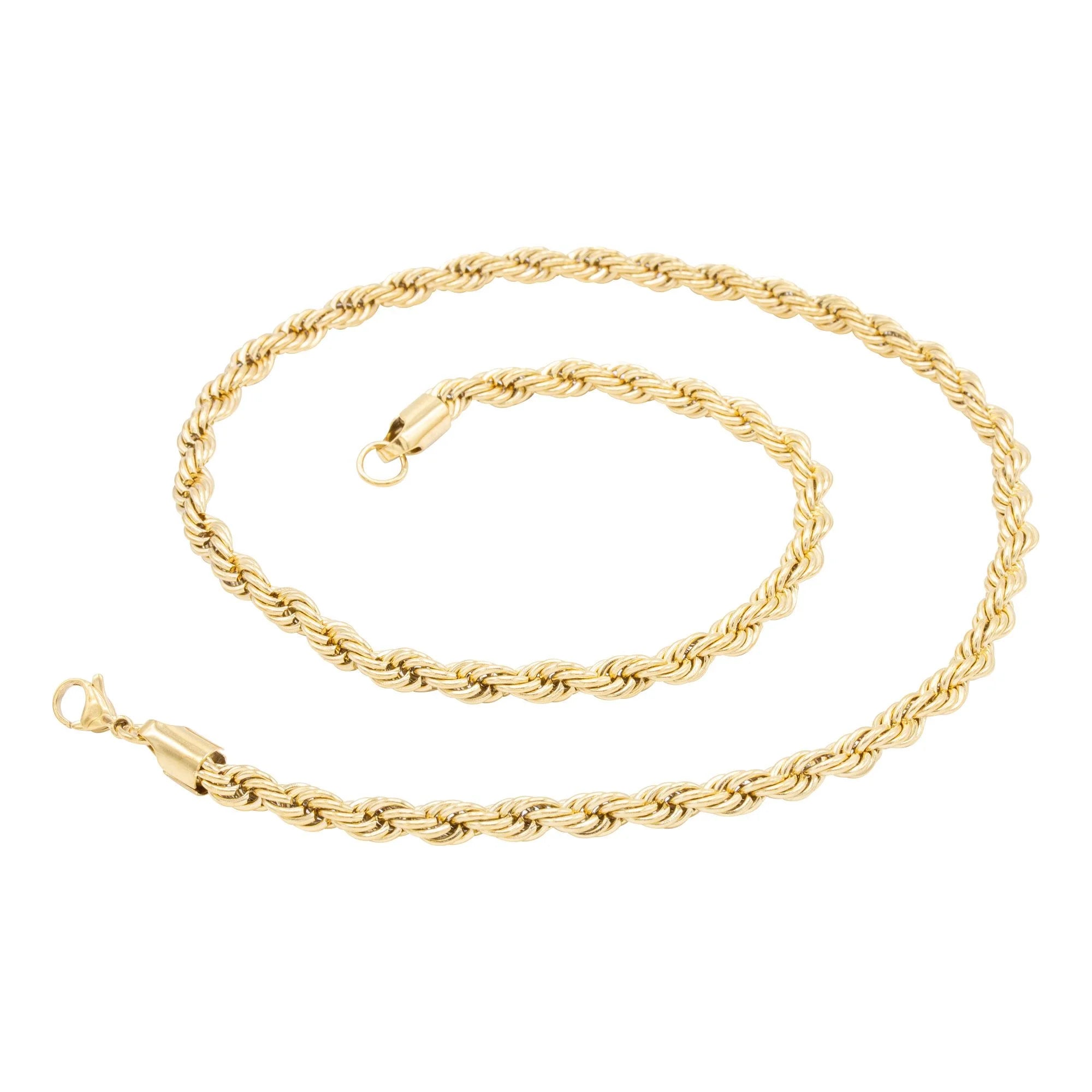 Rope Chain Necklace 14K Gold Plated Stainless Steel – Twisted Link Fashion Jewelry for Men, 24" Length, 4mm Width