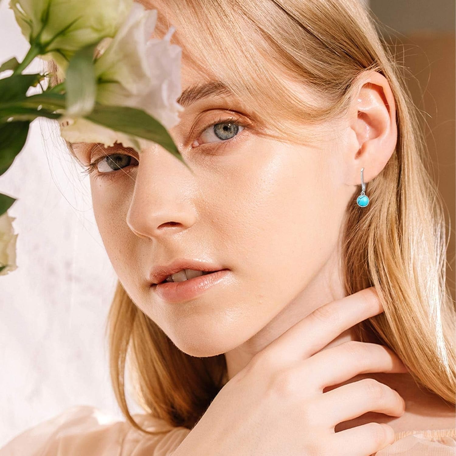 Turquoise Small Hoops Earrings – 925 Sterling Silver Huggie Earrings for Sensitive Ears, Jewelry Gift for Women