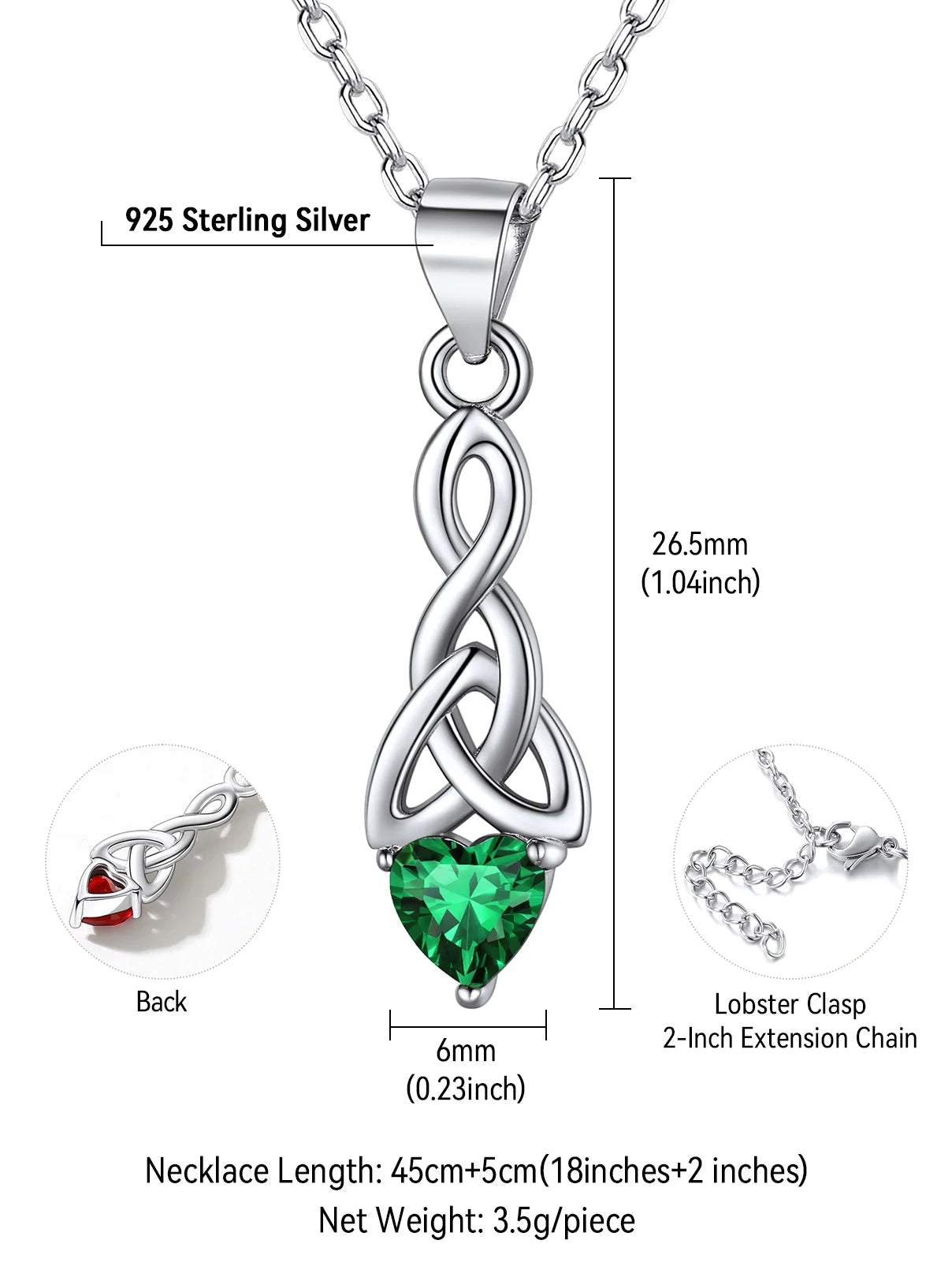 💚 925 Sterling Silver Jewelry Set for Women – May Emerald Birthstone Heart Celtic Knot Necklace & Drop Earrings | Dainty Jewelry Gift for Mom, Daughter, Wife, or Friend