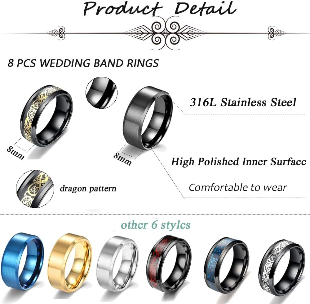 12Pcs 8mm Stainless Steel Fidget Spinner Rings Set – Anxiety Relief Chain Rings with Dragon Pattern for Men & Women (Sizes 7–11)
