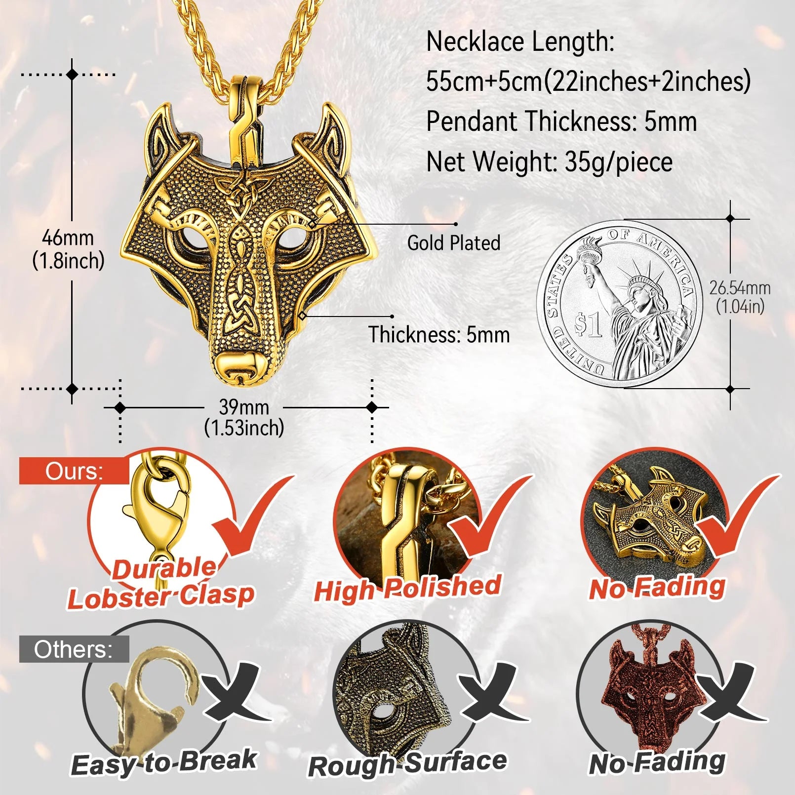 🐺 Viking Wolf Head Necklace for Men – Gold Plated Norse Celtic Amulet Pendant Norse Mythology Wolf Jewelry | Strength & Courage Talisman | Birthday Gift for Men, Friends, Grandson