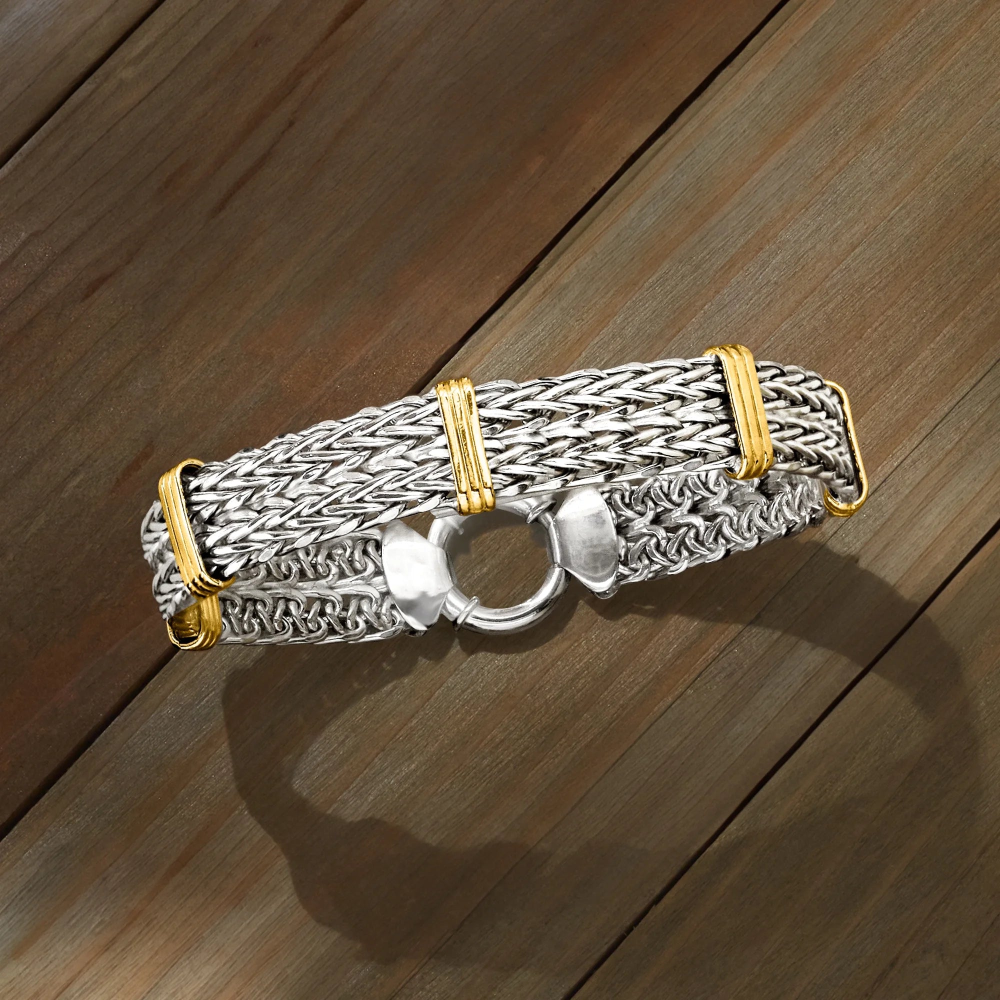 Two-Tone Double Wheat-Link Bracelet – Sterling Silver & 14K Gold Over Sterling, Women’s Adult