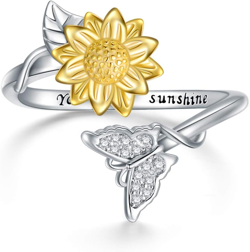 🌻 Christmas Gifts for Women – 925 Sterling Silver Sunflower/Rose/Initial G Butterfly Rings | “You Are My Sunshine” Adjustable Jewelry Gift
