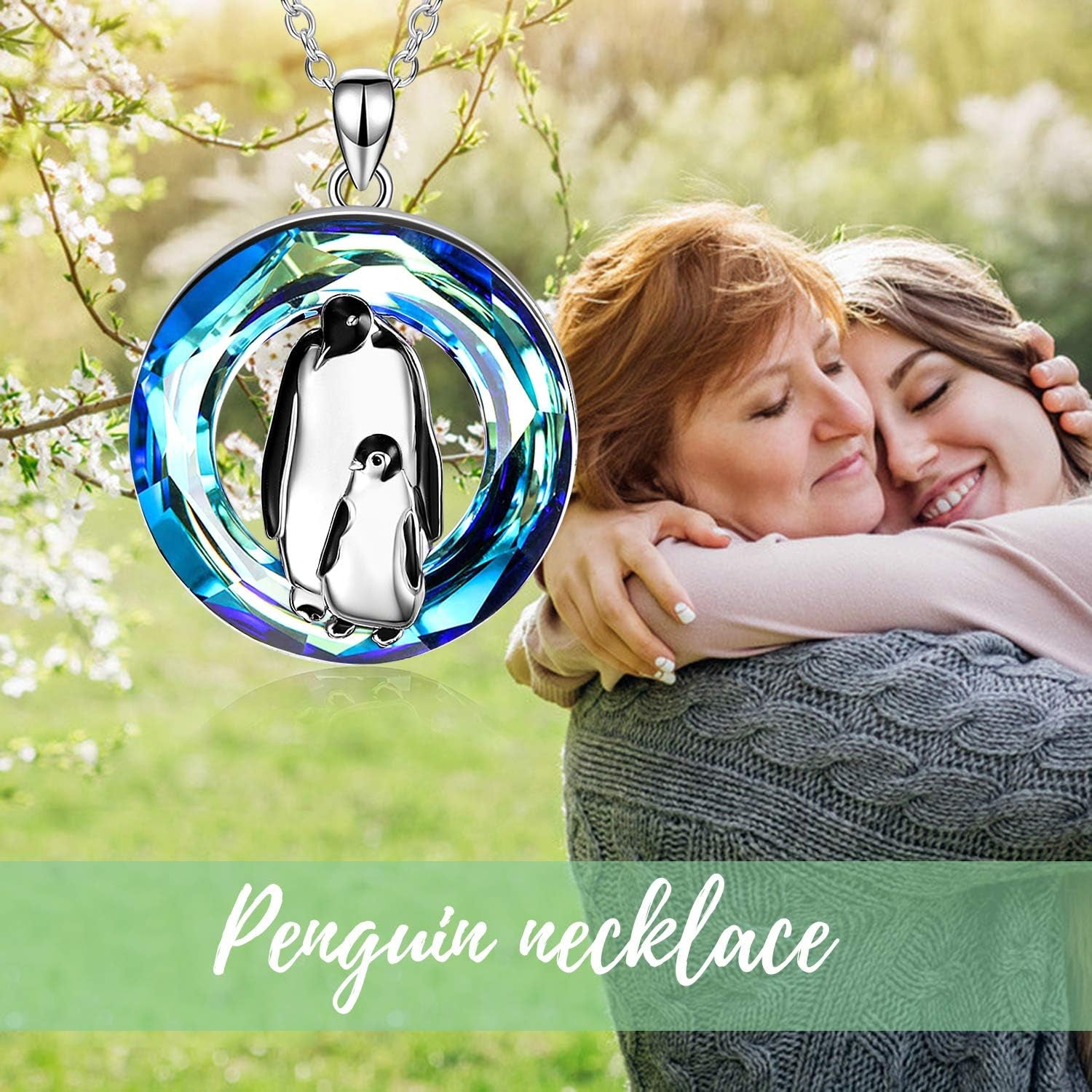 Crystal Penguin Mother & Baby Pendant Necklace – 925 Sterling Silver
