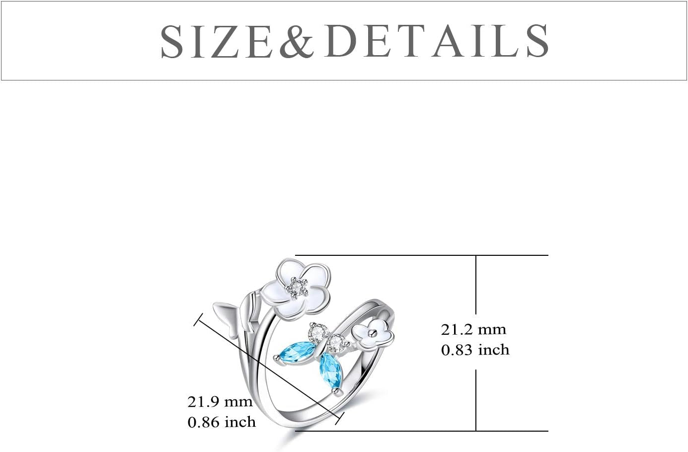Sterling Silver Butterfly Ring with Cubic Zirconia Flower – Adjustable Band Jewelry for Women