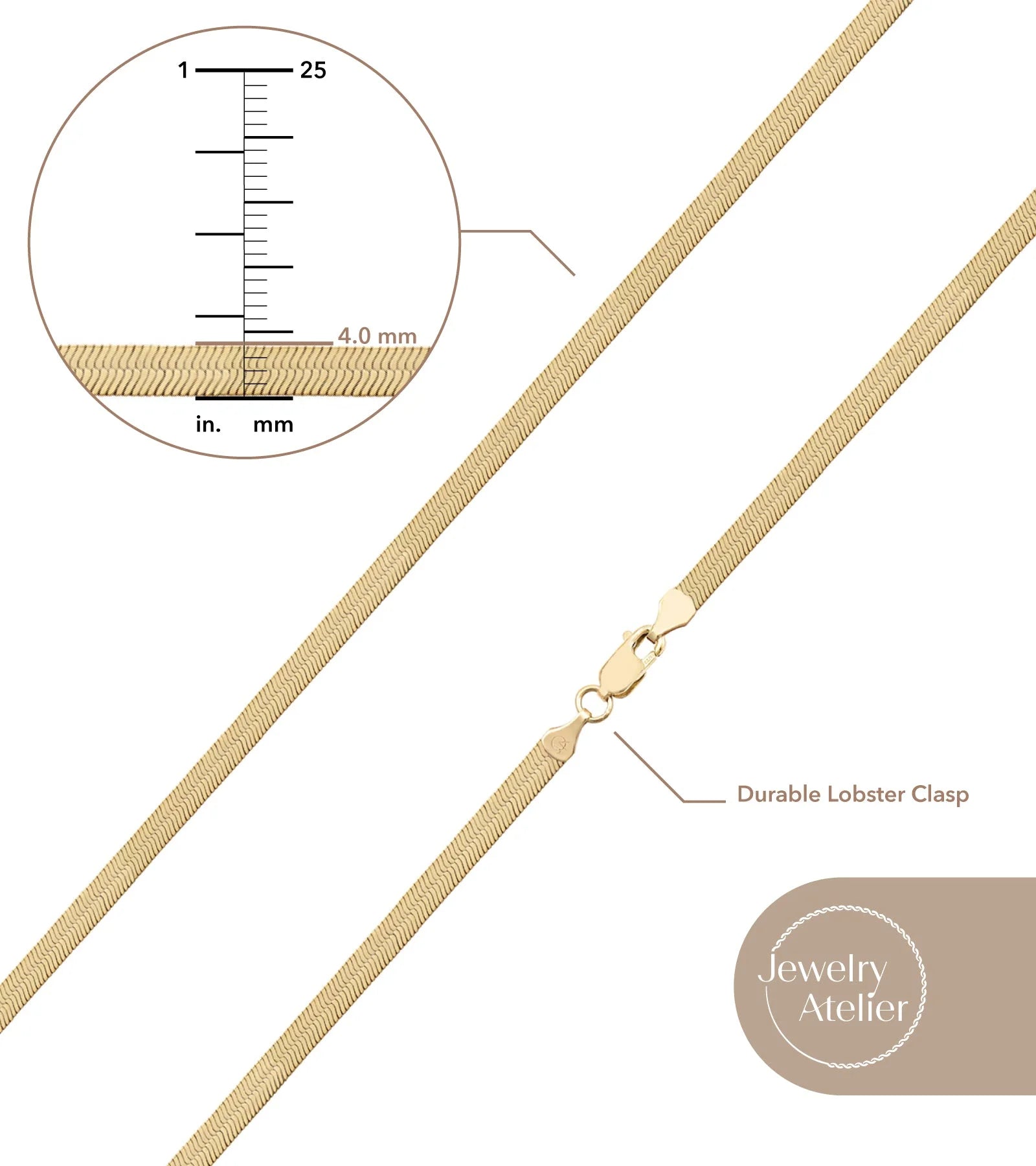 Gold Chain Necklace Collection – 14K Solid Yellow Gold Filled Herringbone & Snake Chains for Women and Men, 4.0mm