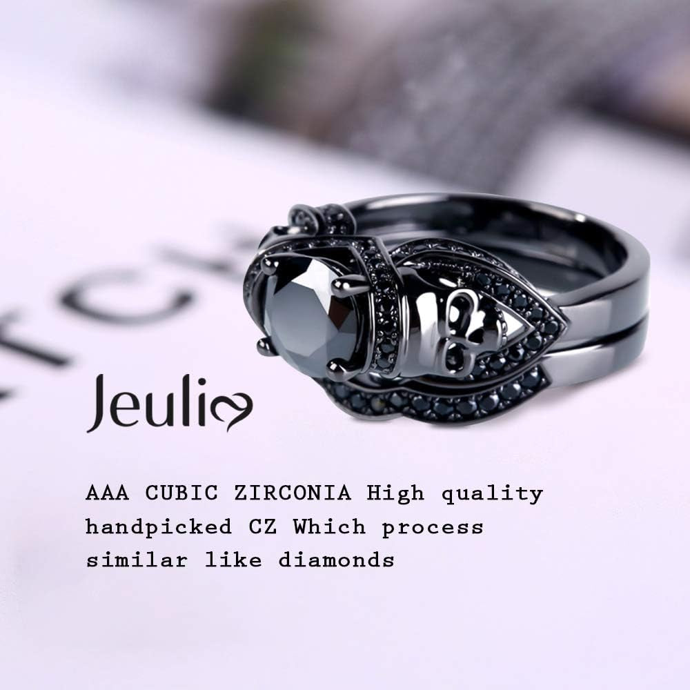 3.6 Carat Black Tone Skull Ring Set – Round Cut Cubic Zirconia Engagement & Wedding Bands for Women & Men, Sterling Silver Bridal Promise Ring with Gift Box