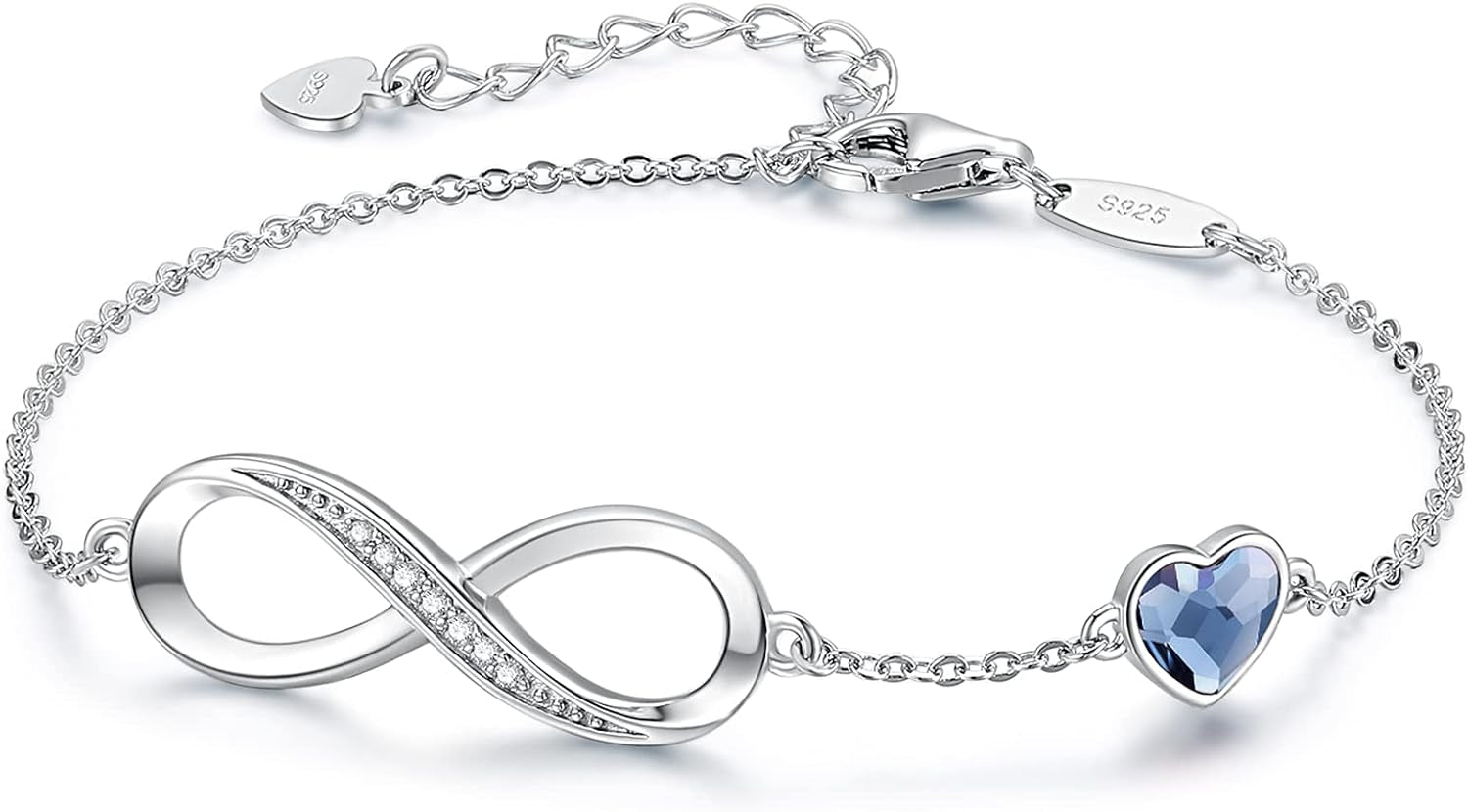 Infinity Heart Birthstone Charm Link Bracelet – 925 Sterling Silver Adjustable Jewelry Gift for Women, Wife, Girlfriend
