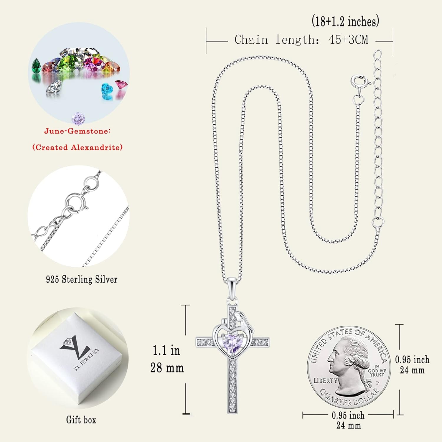 Mom Cross Necklace 925 Sterling Silver Mother Pendant Birthstone Mum Jewelry for Women