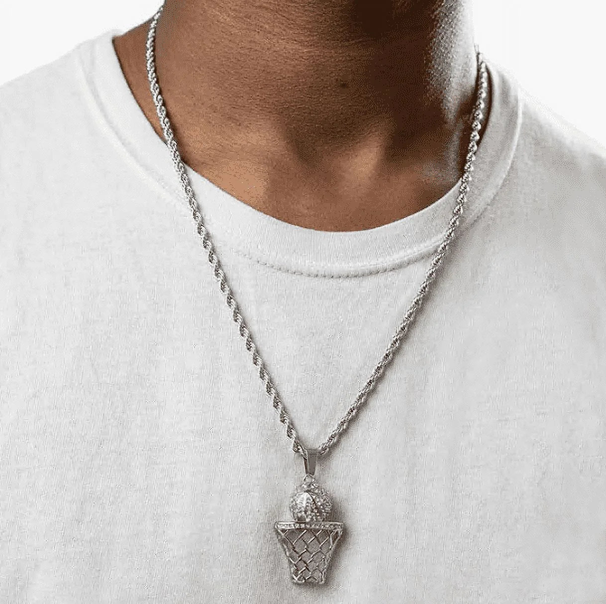Men’s 18K Silver Plated Stainless Steel Basketball Hoop Pendant Necklace