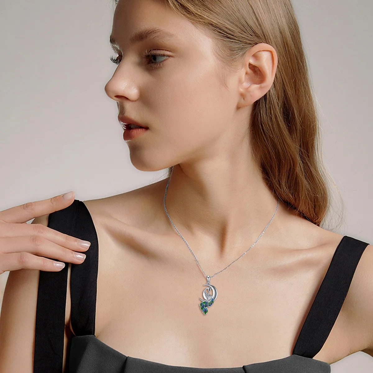 Peacock Moon Crystal Necklace – 925 Sterling Silver Crescent Pendant Jewelry for Women