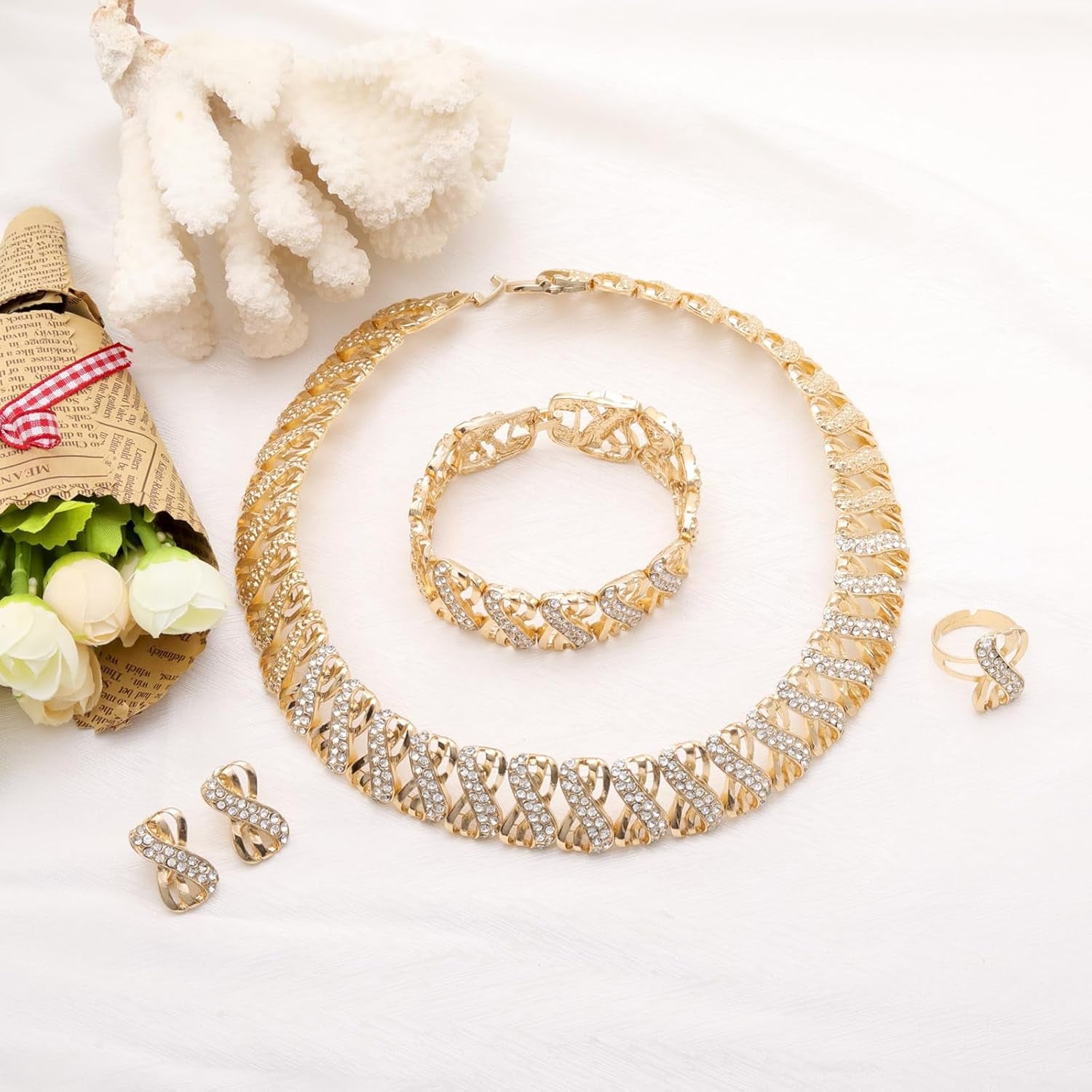 Liffly 18K Gold Tone Crystal Jewelry Set – Necklace, Earrings, Bracelet & Adjustable Ring for Women