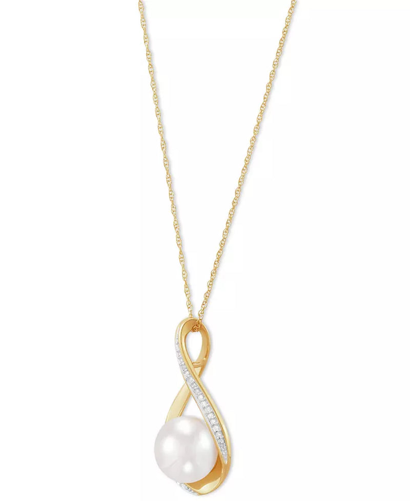 Cultured Freshwater Pearl (9mm) and Diamond Accent Pendant Necklace in 14K Gold – 18"