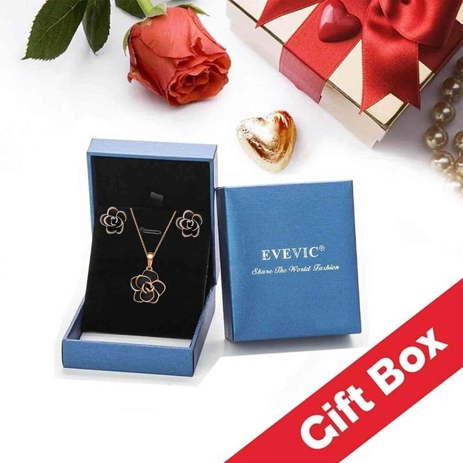 Rose Flower Necklace & Earrings Set for Women – 18K Gold Plated, Hypoallergenic Jewelry Set