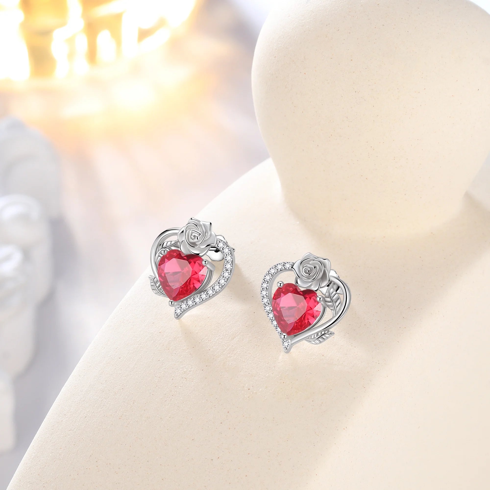 Rose Heart Birthstone Earrings – July Birthstone Studs with Rose Flower Design in 925 Sterling Silver | Elegant Jewelry Gift for Women