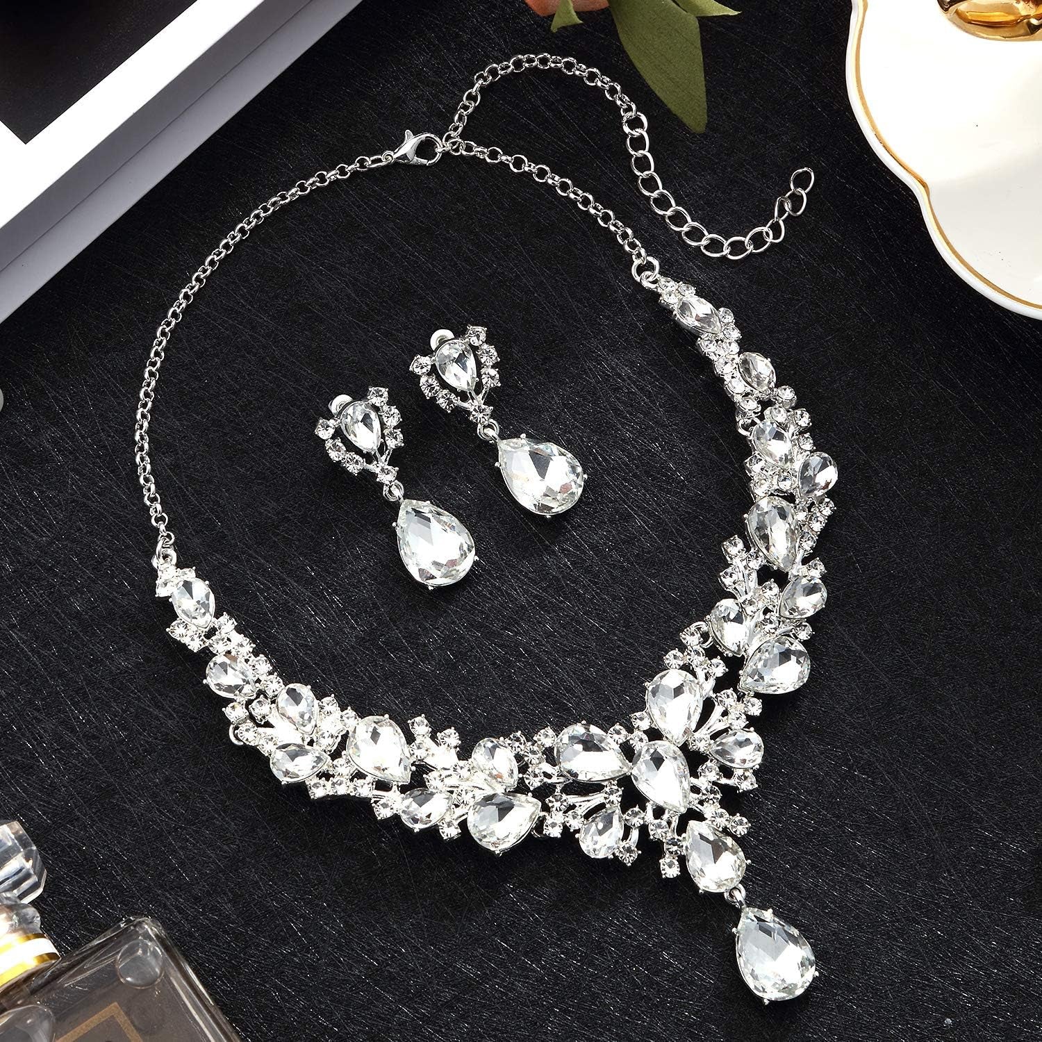 Bridal Teardrop Cluster Crystal Jewelry Set for Women – Necklace & Earrings Set for Weddings, Brides, and Formal Events