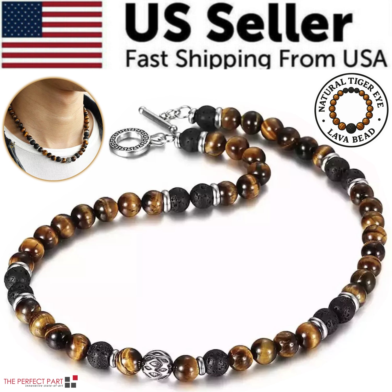Men’s 8mm Natural Tiger Eye Lava Bead Necklace – Stainless Steel Toggle Clasp, 18/20/24"