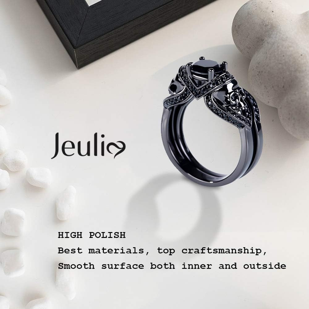 3.6 Carat Black Tone Skull Ring Set – Round Cut Cubic Zirconia Engagement & Wedding Bands for Women & Men, Sterling Silver Bridal Promise Ring with Gift Box
