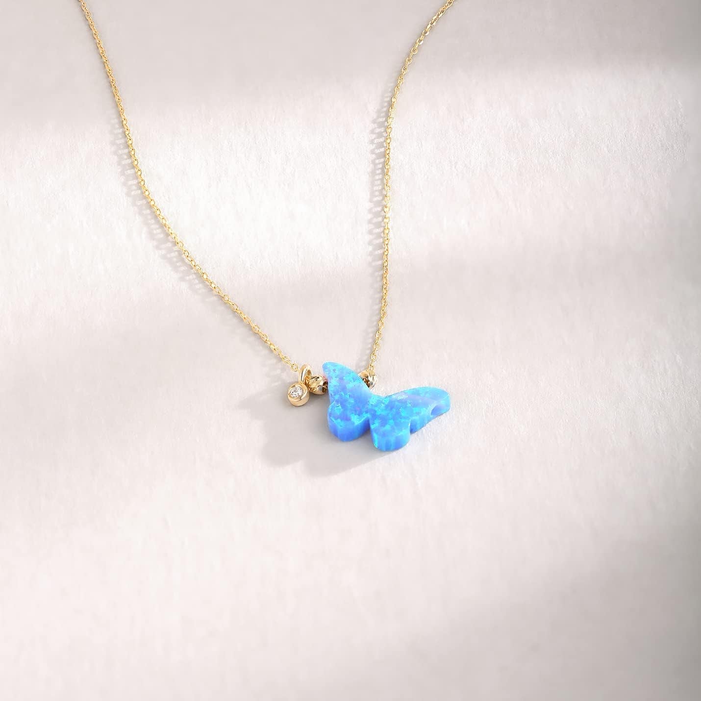 14K Gold Diamond Butterfly Opal Necklace – Elegant Jewelry for Women