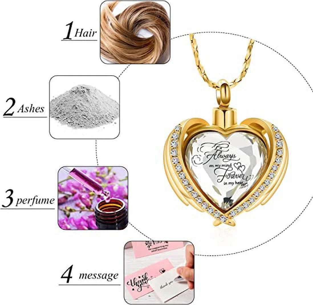 Angel Wing Heart Cremation Urn Necklace – Birthstone Memorial Locket for Human Ashes | Keepsake Jewelry for Women