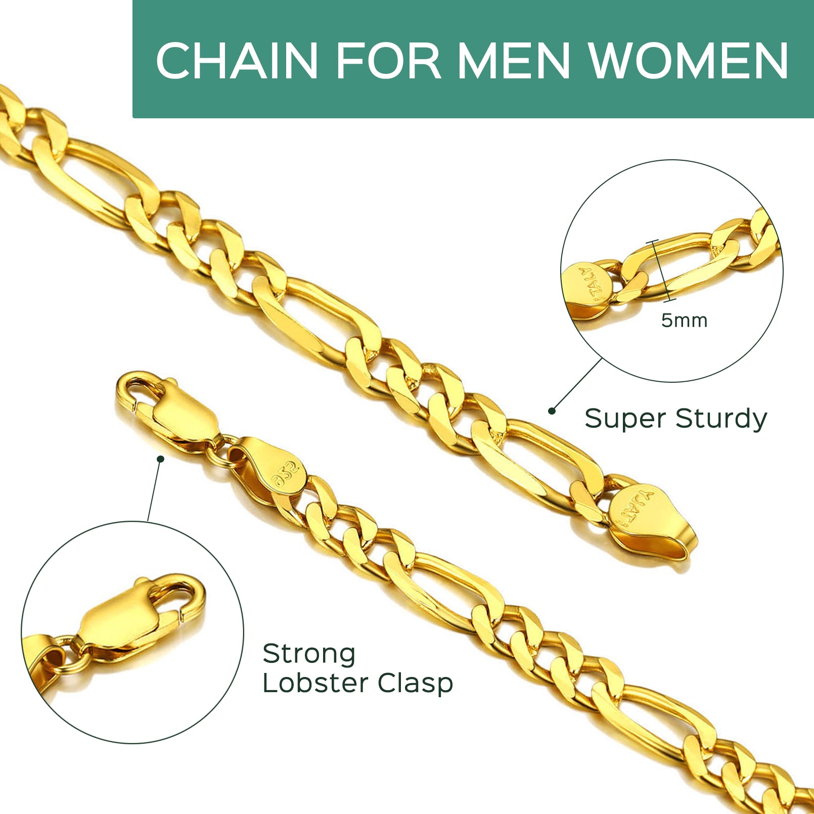 14K Gold Plated Italian 5MM Figaro Chain Necklace for Men & Women – 925 Sterling Silver Core, Classic Style, Daily Wear Gift with Box for Valentine’s Day, Birthday, or Party