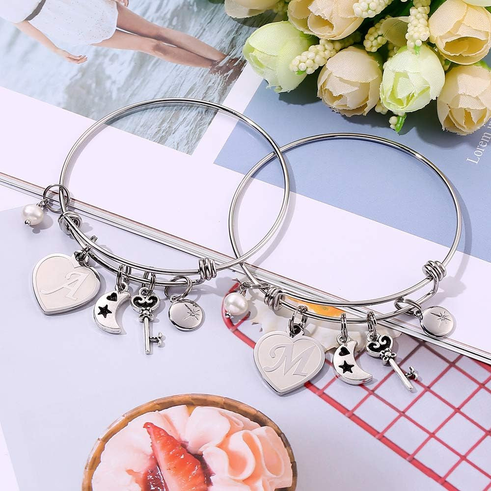 Initial Charm Bracelet for Women – Engraved Stainless Steel Bangle Personalized Gift for Her
