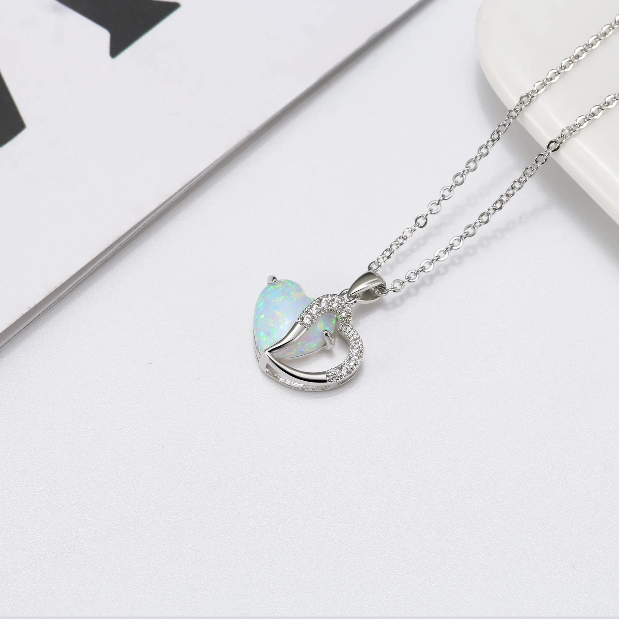 Heart Shape Fire Opal CZ Pendant Chain Necklace for Women – Elegant Sparkling Jewelry Gift