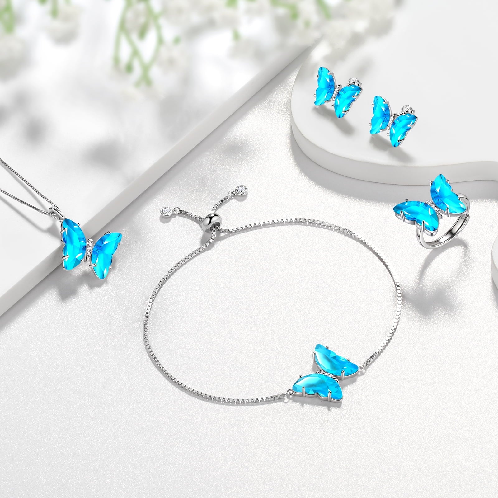 Blue Butterfly Jewelry Set – 5PCS Necklace, Earrings, Bracelet, Ring for Women Product Description