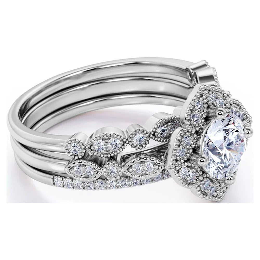 Unique 1.75 Carat Real Moissanite Wedding Trio Ring Set – Engagement Ring with 2 Wedding Bands in 18K Gold over Silver