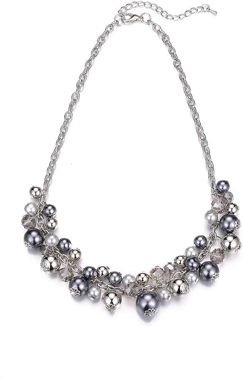 Chunky Beaded Statement Necklace for Women – Boho Silver Pendant Collar Necklace