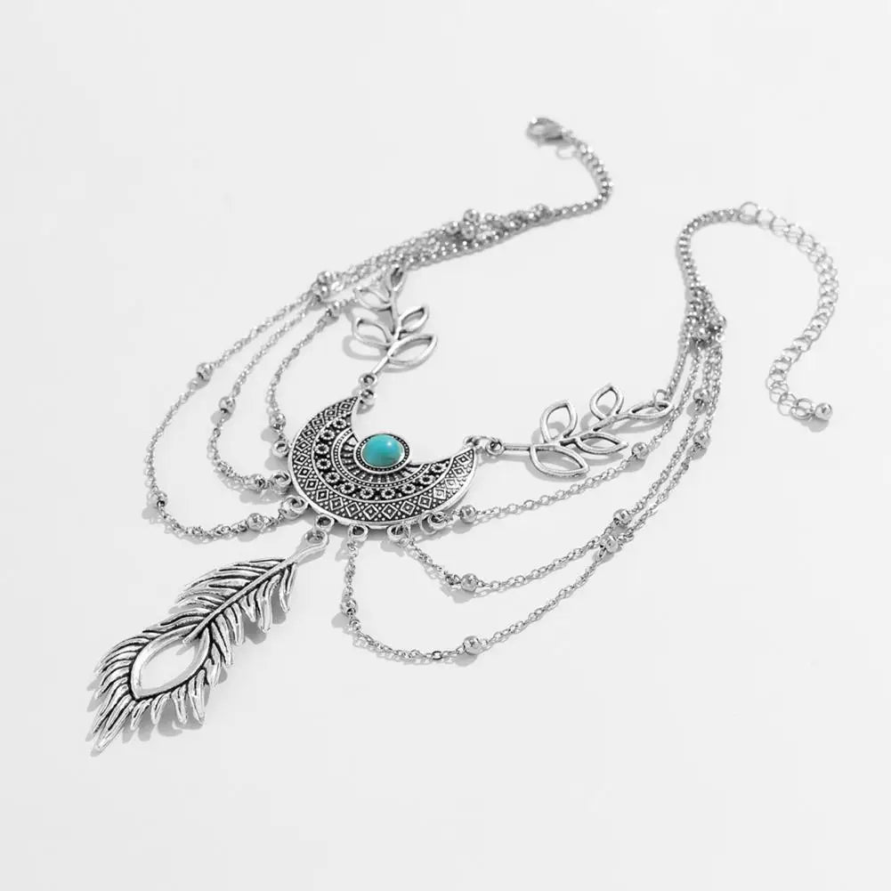 Women’s Arm Chain Feather Shape Bohemian Retro Leaf Tassel Faux Turquoise Arm Bracelet – Beach Party & Wedding Jewelry Accessory