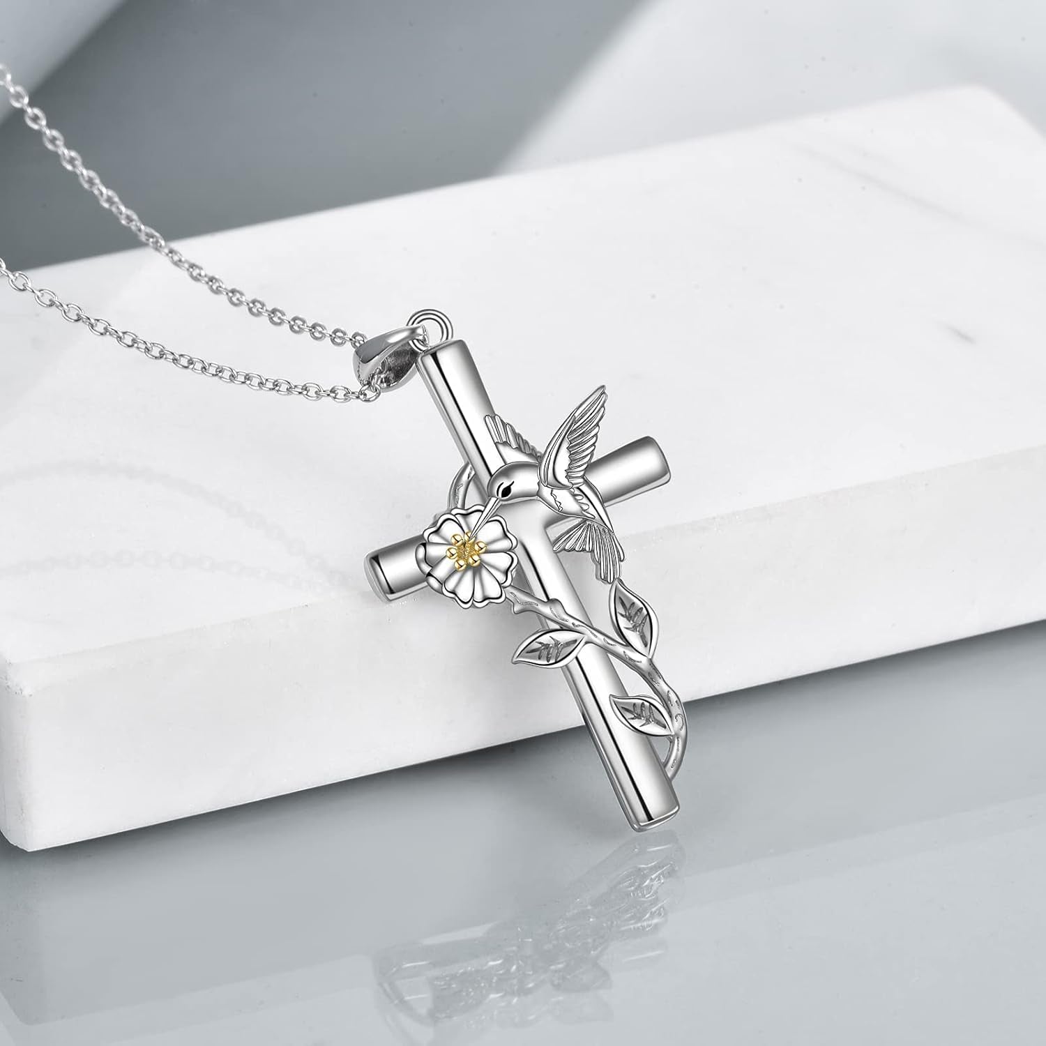 Sterling Silver Hummingbird, Ladybug & Dragonfly Necklace – Cross & Daisy Pendant Jewelry for Women, Perfect Gift