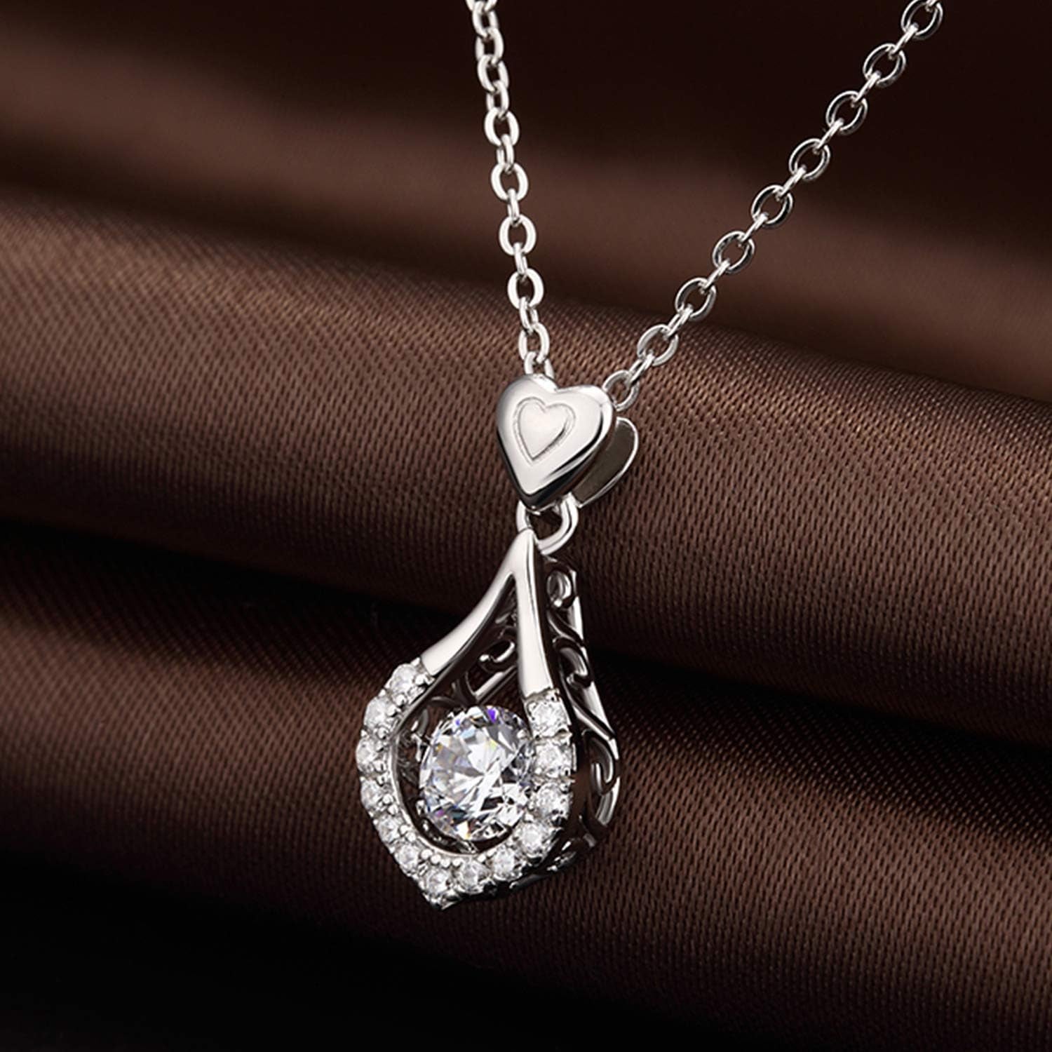 18K White Gold Plated Sterling Silver Pendant Necklace – 5A+ Shaking CZ Diamond, 18" Chain for Women