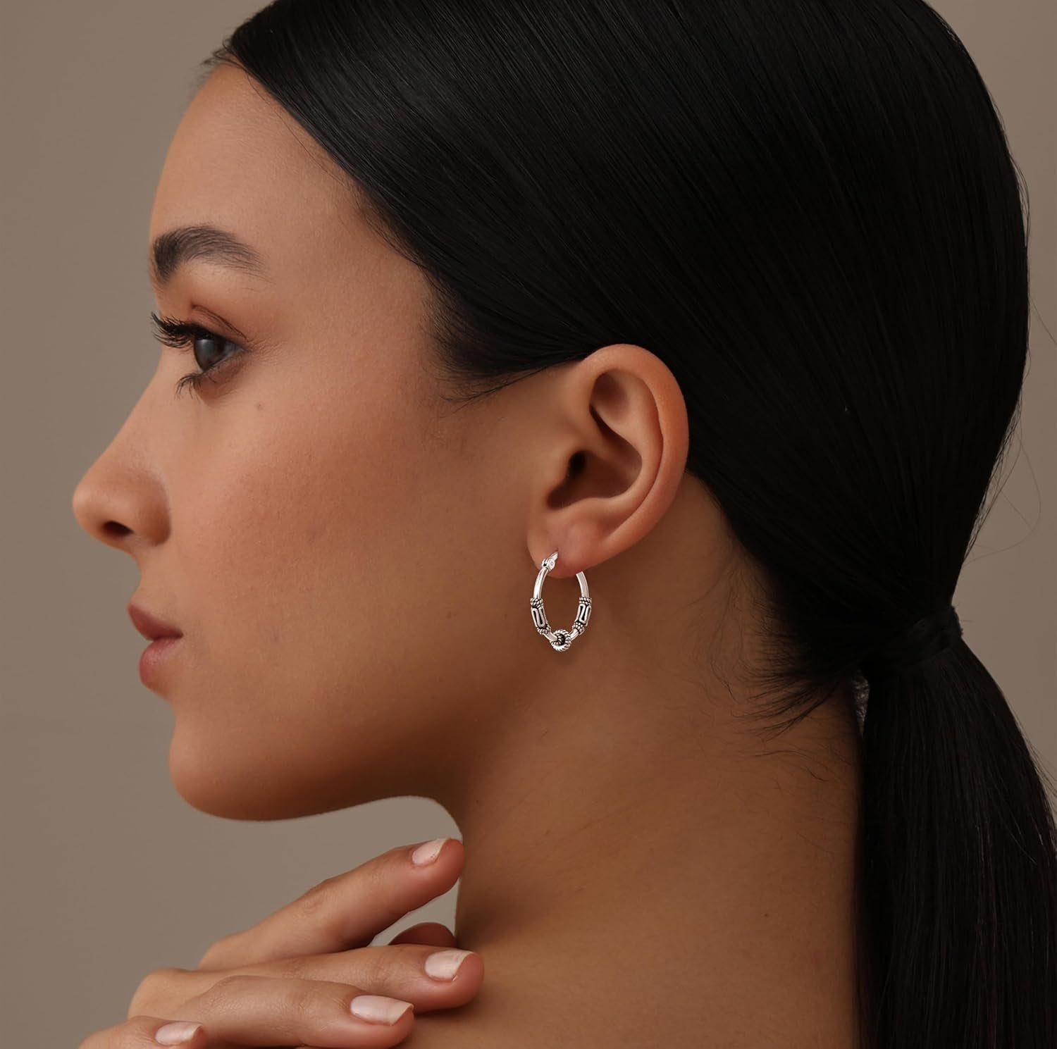 925 Sterling Silver Oxidized Balinese Small Beaded Hoop Earrings – Antique Bali Style Jewelry for Women