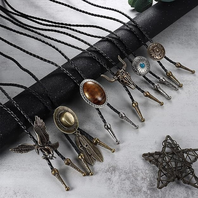 6-Piece Men’s Western Bolo Tie Set – Cowboy Leather Neckties with Turquoise, Tiger Eye & Native American Pendants