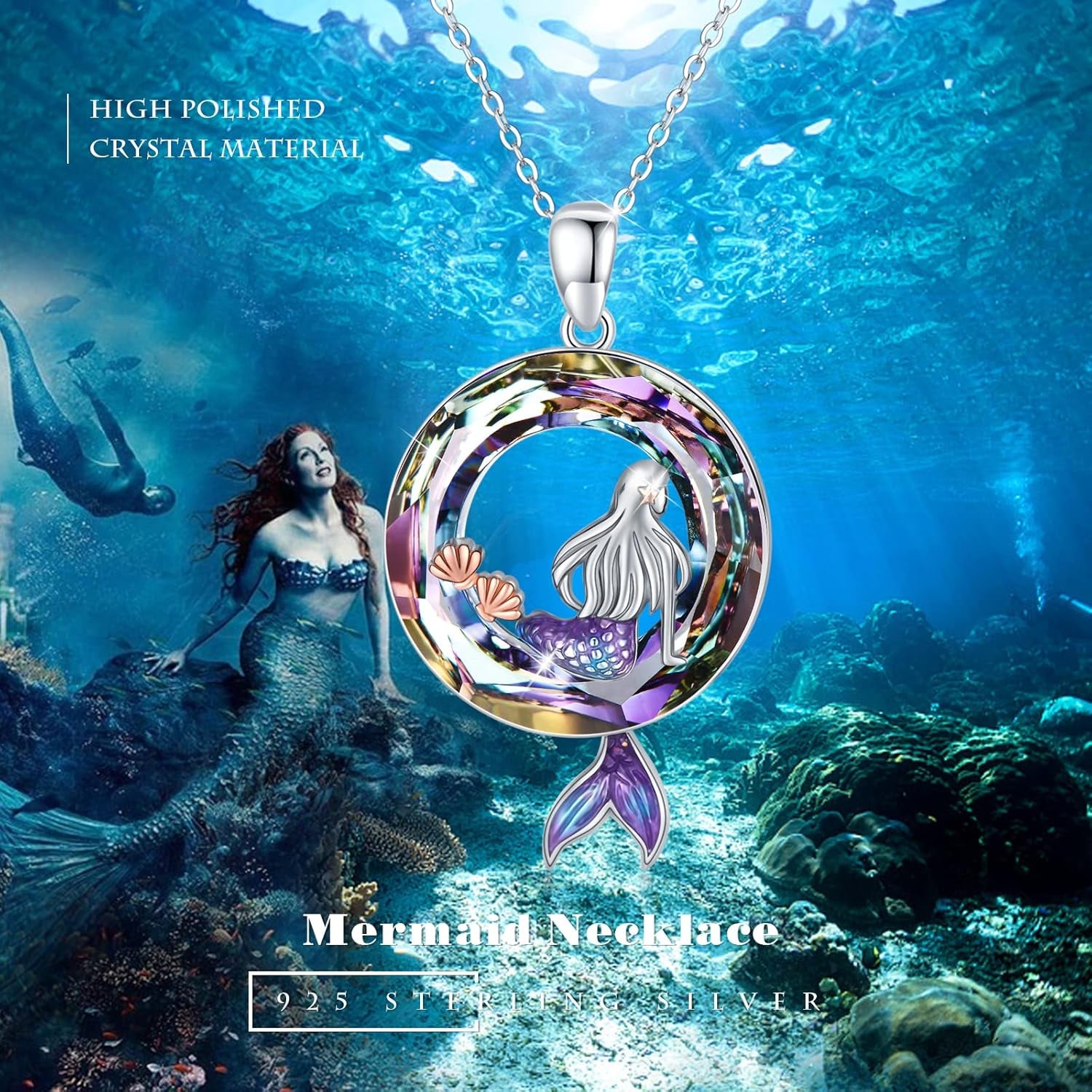 Mermaid Crystal Ocean Pendant Necklace – Sterling Silver