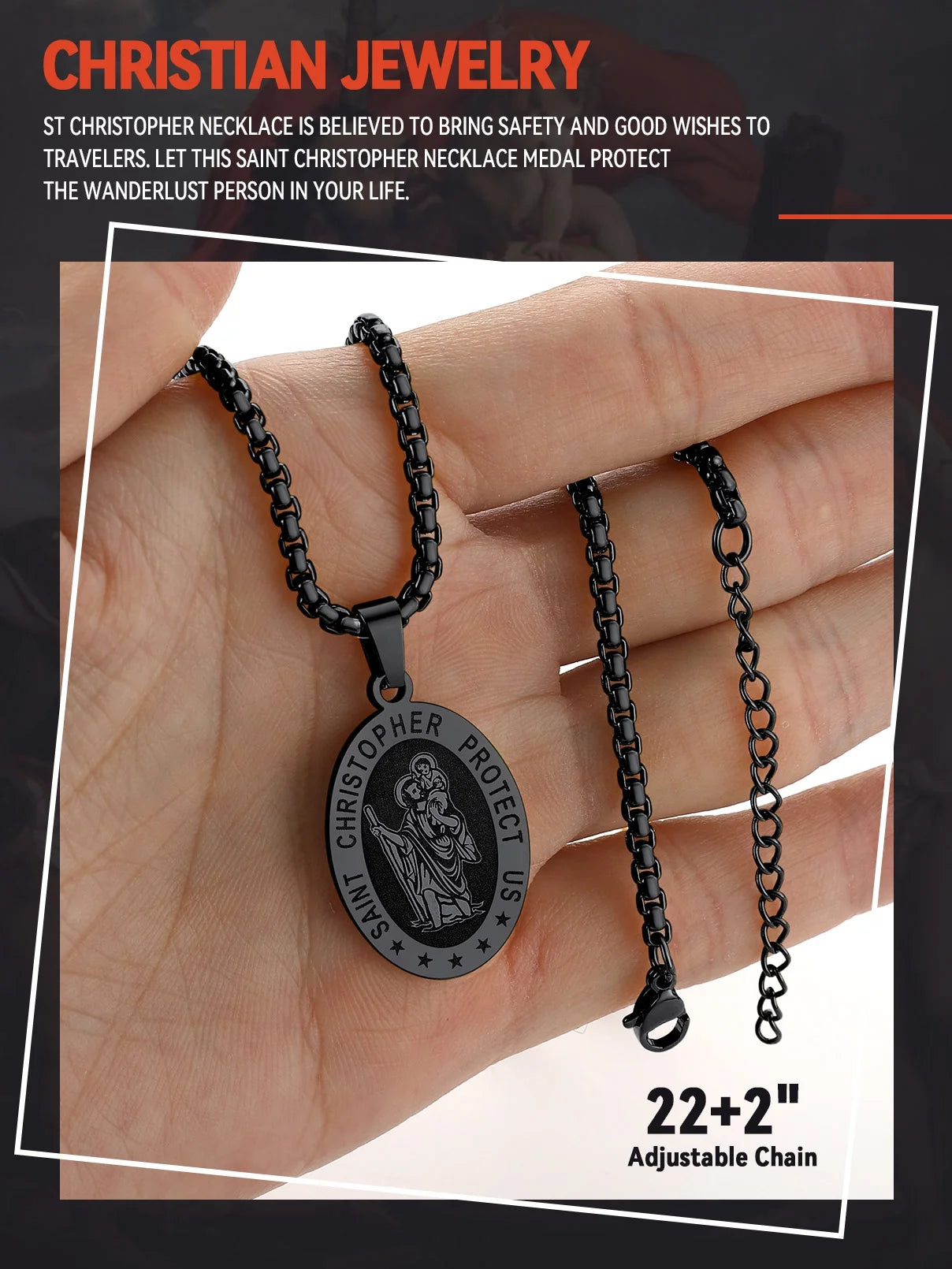 Saint/St. Christopher Pendant Necklace for Men Women Stainless Steel Catholic Christian Oval Medal Blessings Amulet Black Men Jewelry Gift for Dad Grandpa Fathers Day