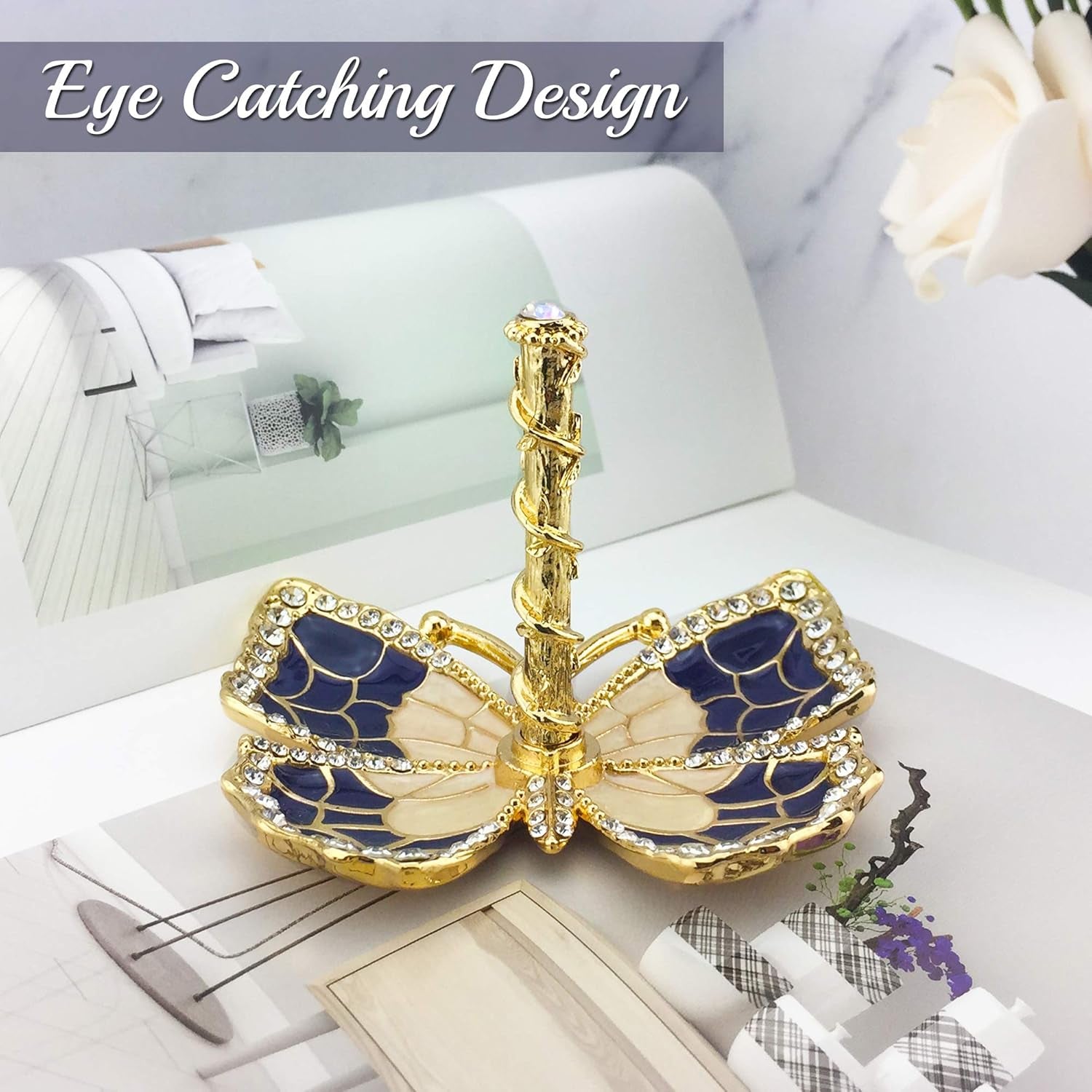 Blue Enamel & Gold Plated Butterfly Jewelry Stand Organizer Ring Holder with Sparkling Crystals