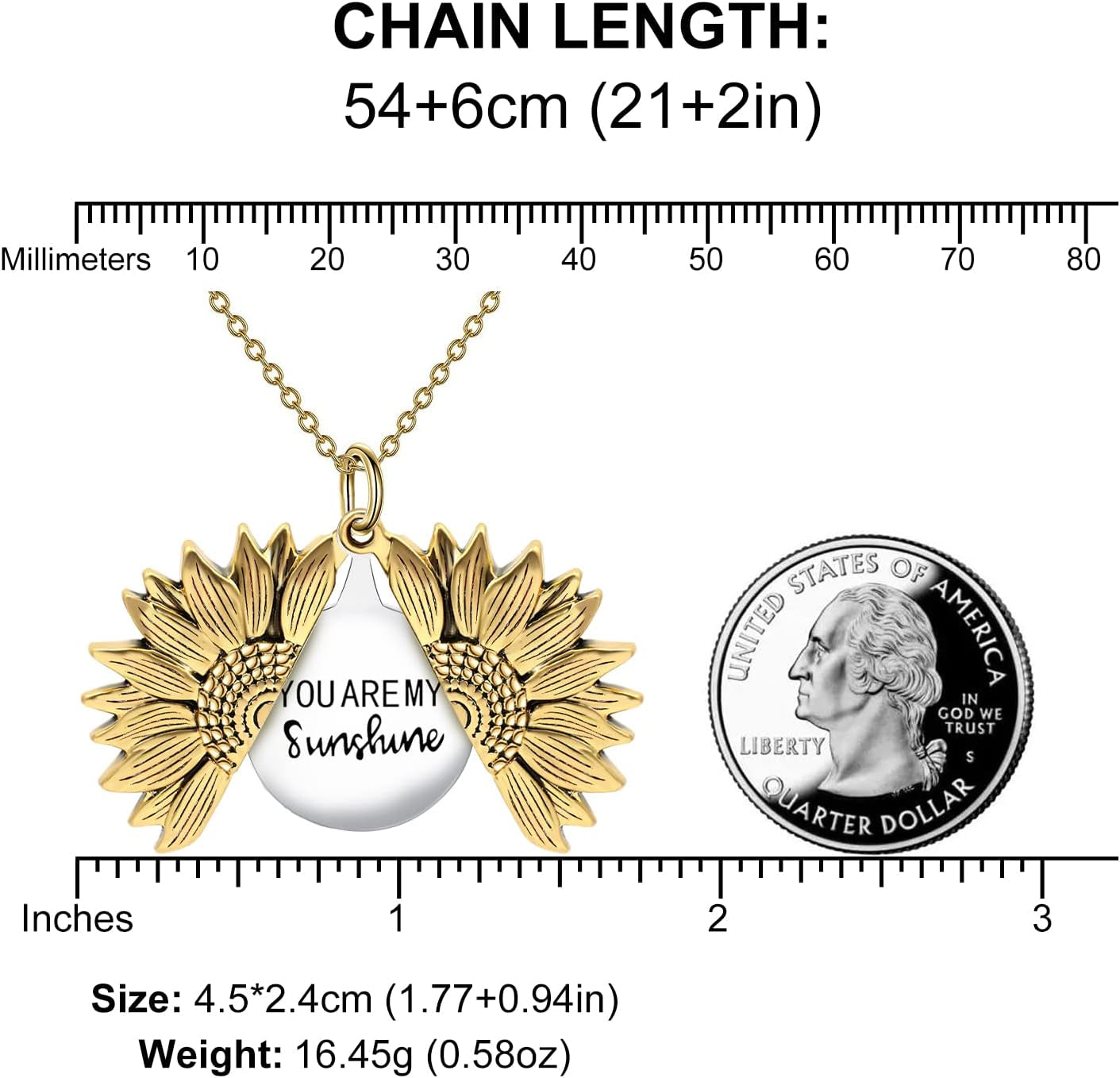 “You Are My Sunshine” Engraved Sunflower Locket Necklace – Inspirational Jewelry Gift for Women, Girlfriend, Mom, or Daughter
