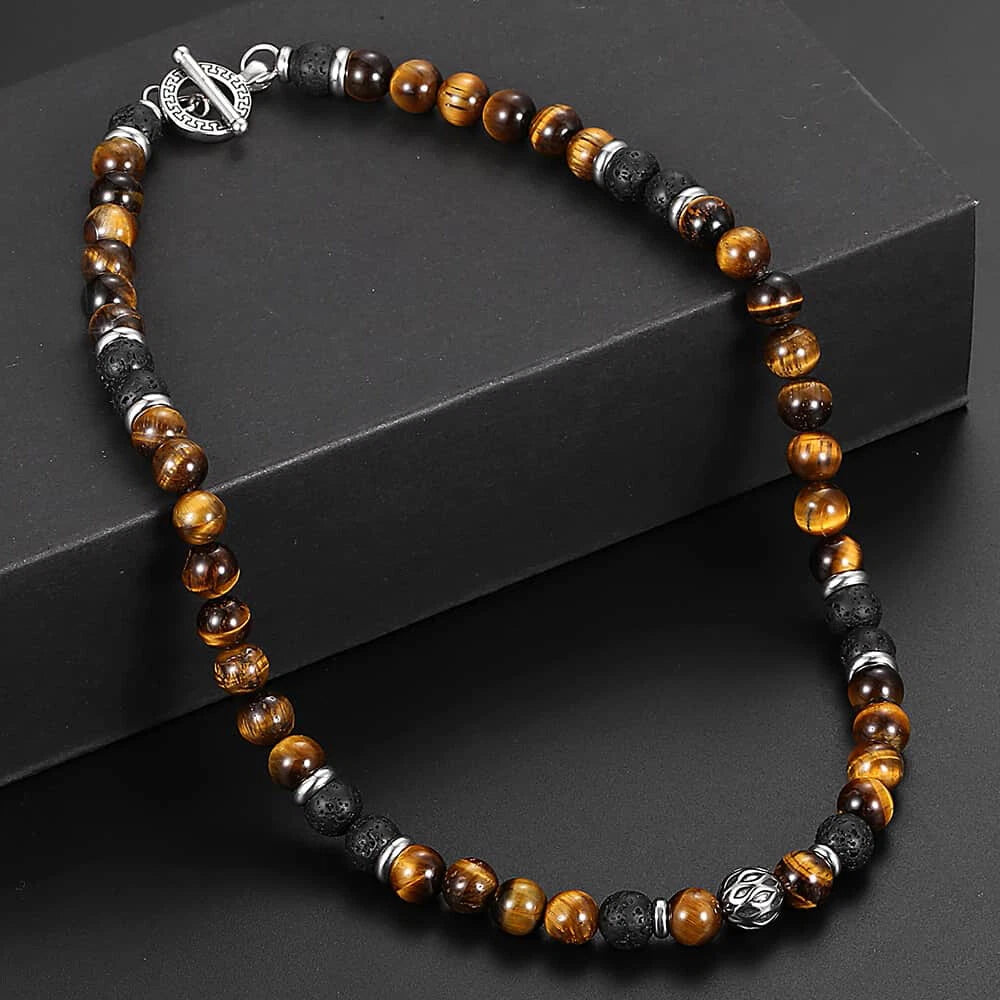 Men’s 8mm Natural Tiger Eye Lava Bead Necklace – Stainless Steel Toggle Clasp, 18/20/24"