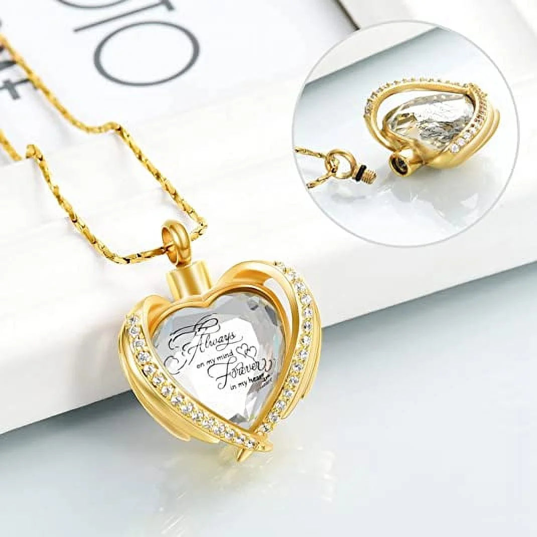 Angel Wing Heart Cremation Urn Necklace – Birthstone Memorial Locket for Human Ashes | Keepsake Jewelry for Women