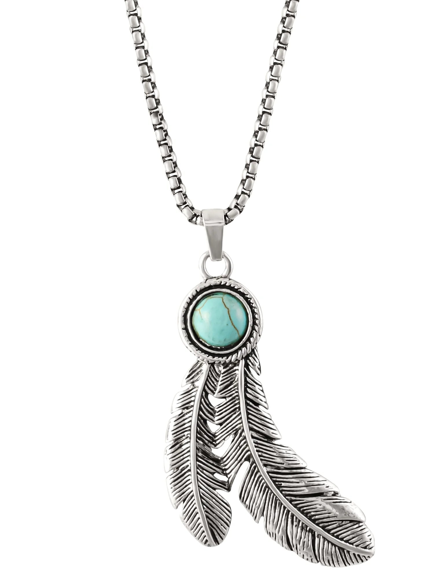Faux Turquoise Feather Necklace – Silver Tone, 28" + 3" Adjustable Chain