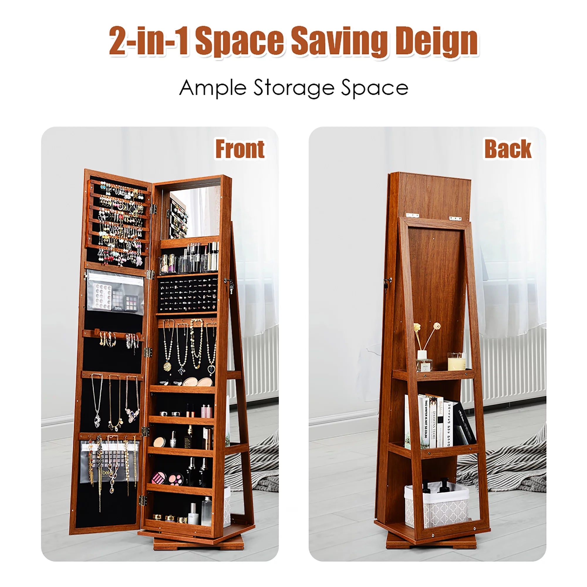 360Degree Rotatable Jewelry Cabinet 2-In-1 Lockable Mirrored Organizer Brown