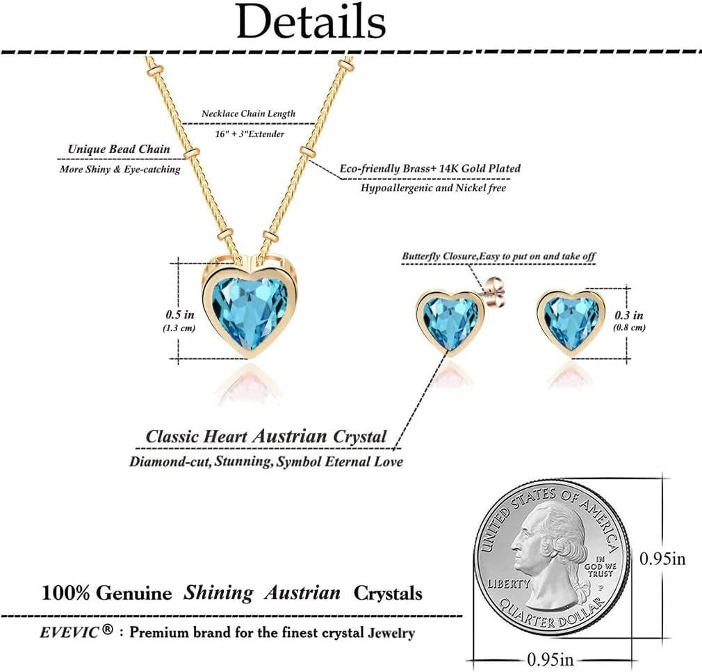Austrian Crystal Heart Pendant Necklace & Earrings Set – 14K Gold Plated Hypoallergenic Jewelry for Women