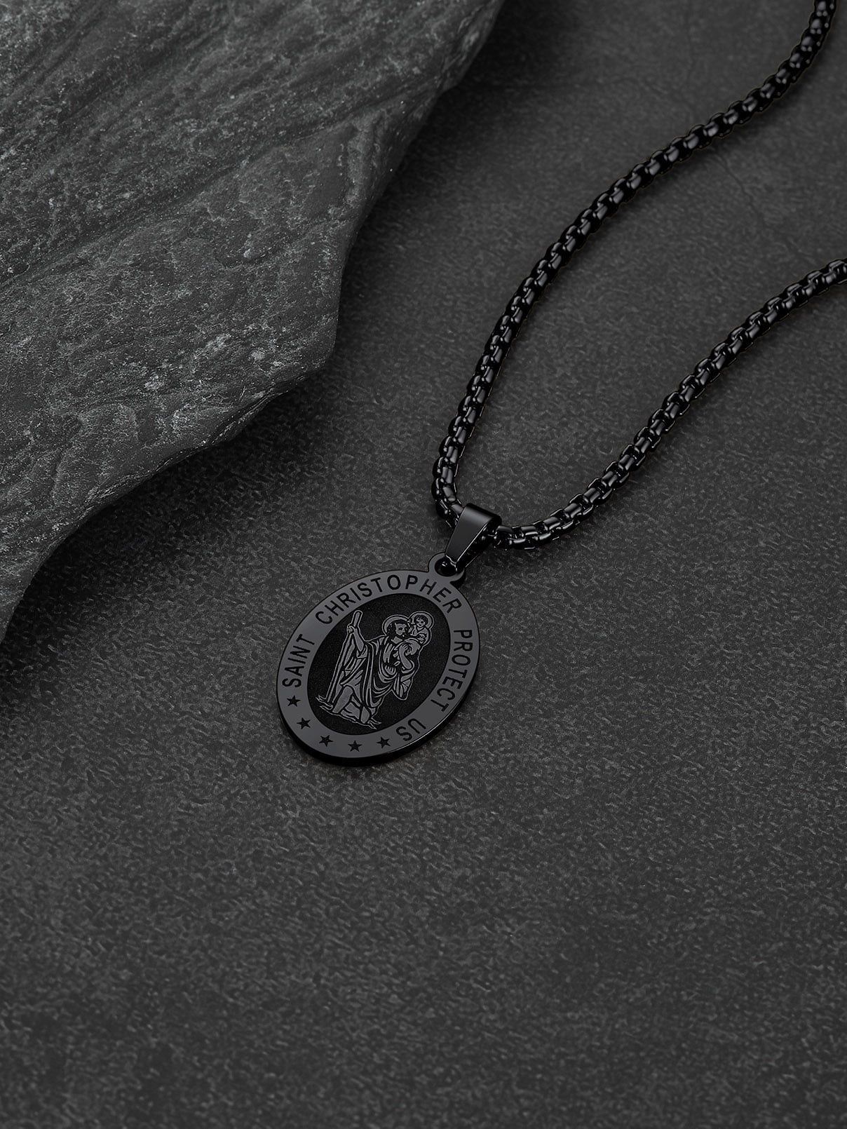 Saint/St. Christopher Pendant Necklace for Men Women Stainless Steel Catholic Christian Oval Medal Blessings Amulet Black Men Jewelry Gift for Dad Grandpa Fathers Day