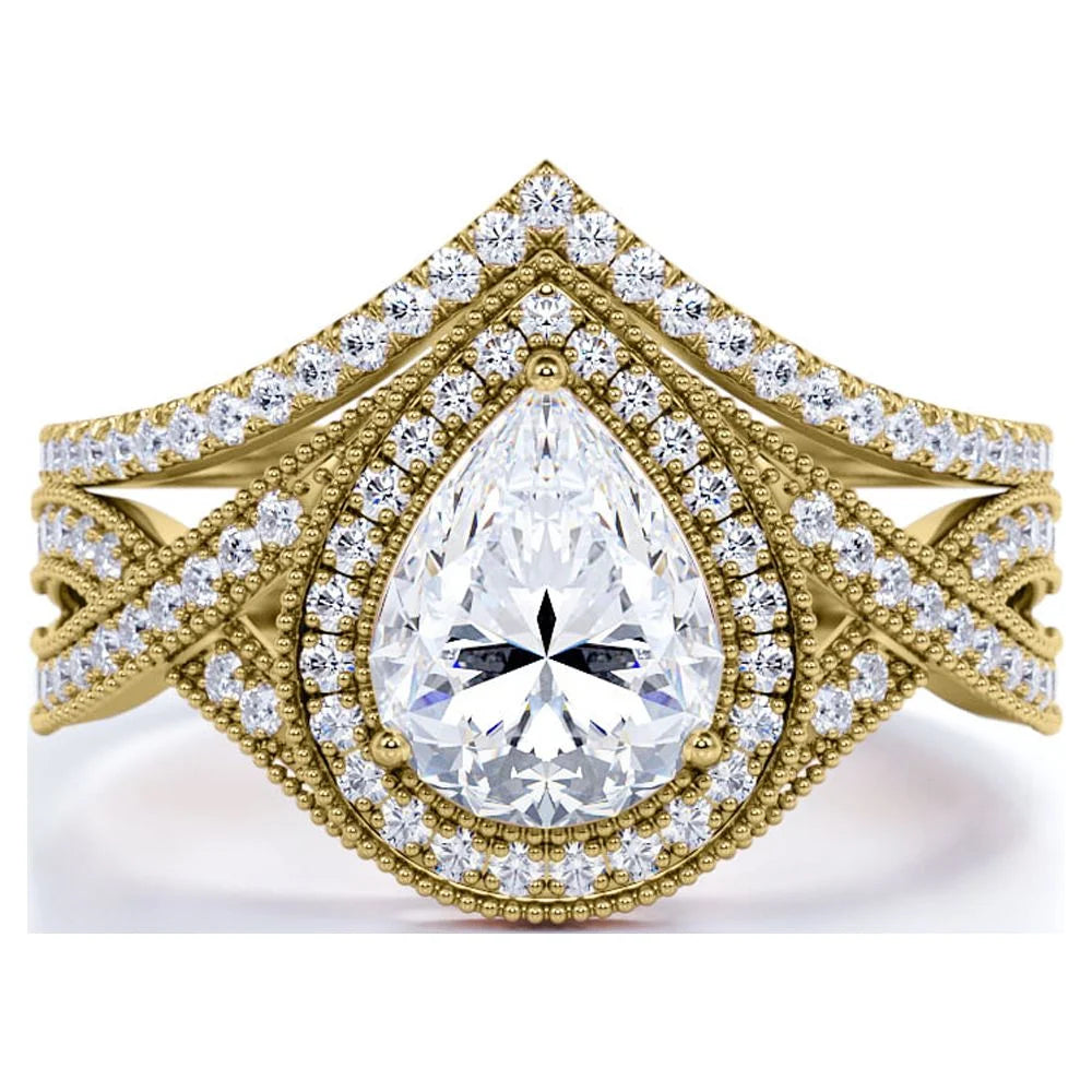 1.5 Carat Pear Cut Moissanite Wedding Set – Art Deco Halo Bridal Ring in 18K Yellow Gold over Silver
