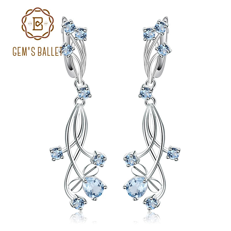 Flower Design 3.89T Natural Sky Blue Topaz Gemstone Drop Earrings – 925 Sterling Silver Bridal Wedding Jewelry