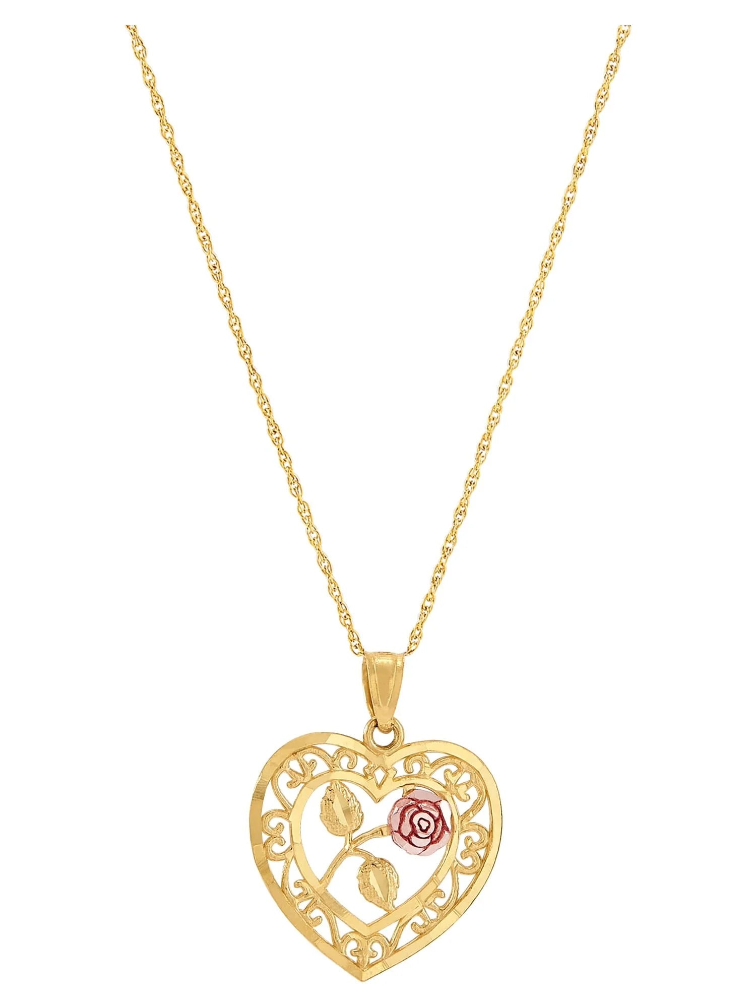 10K Two-Tone Gold Heart Flower Pendant Necklace – 18" Gold-Filled Chain