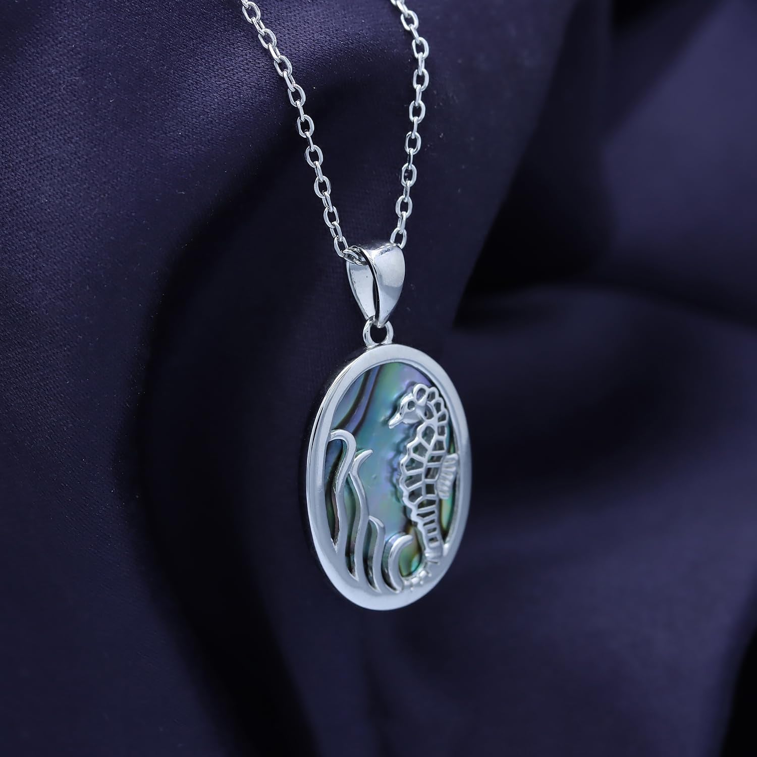 14K White Gold Over Sterling Silver Abalone Shell Animal Pendant Necklaces – Seahorse Jewelry Gift for Her